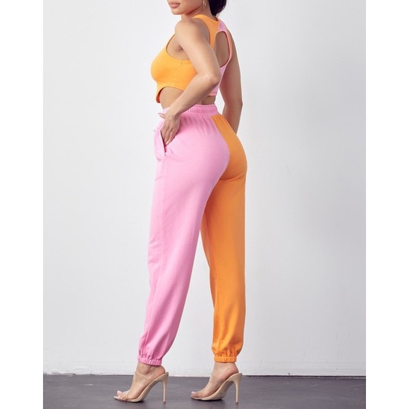 Two Tone Pink and Orange Jogger Set with Back Cutout - Picture 3 of 3
